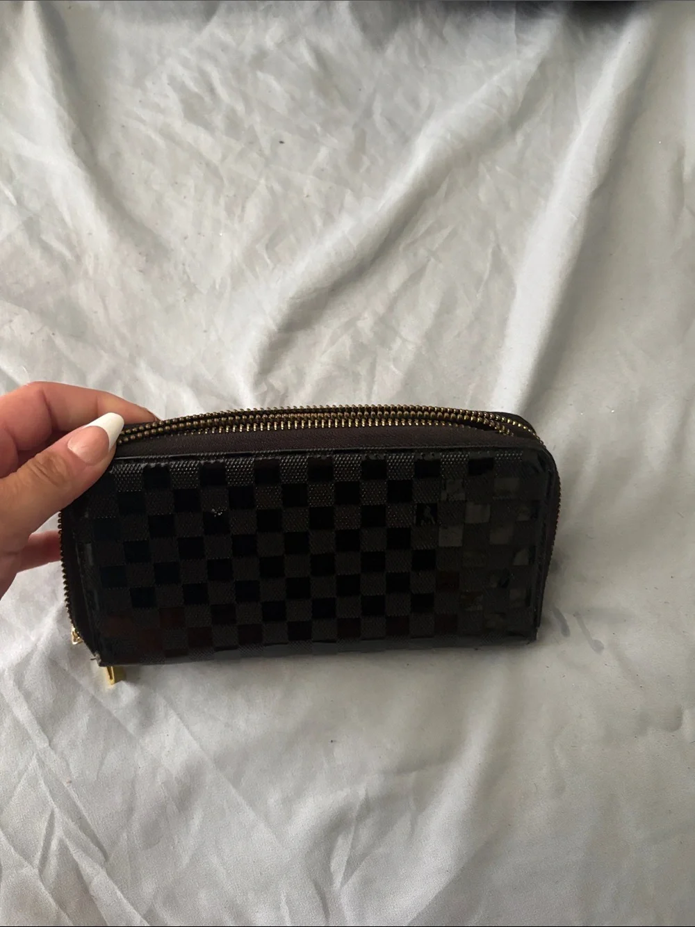 Louis Vuitton Black Patent Damier Zip Wallet with Gold Plaque